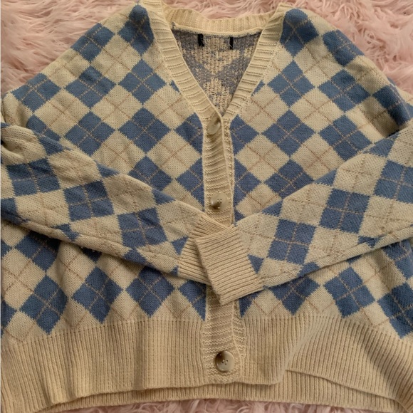 crop sweater blue and white checkered sweater aesthetic coquette sweater buttons - Picture 1 of 1